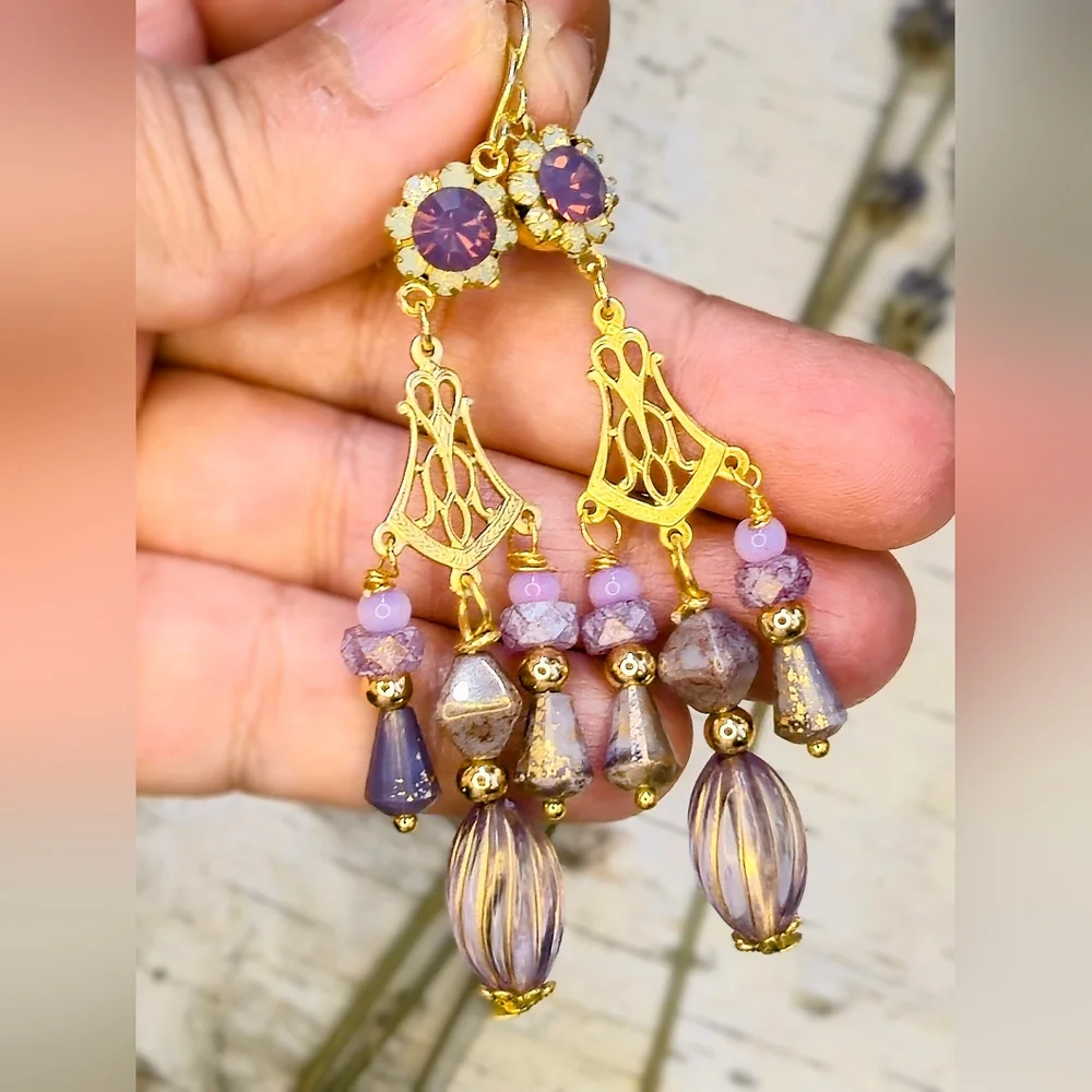 Victorian Opaline Purple W/ Crystal Flowers In 3 Strands Long GP Earrings